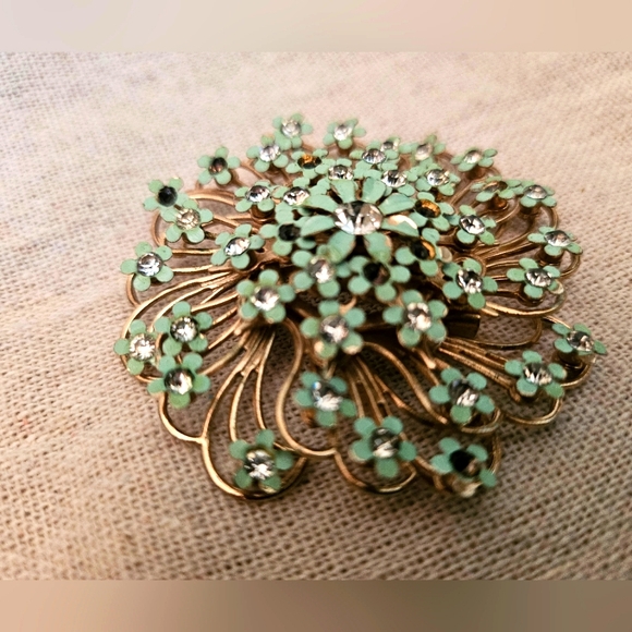 Vintage Embellished Gold & Turquoise Motion Flower Brooch | Size OS - Picture 7 of 9
